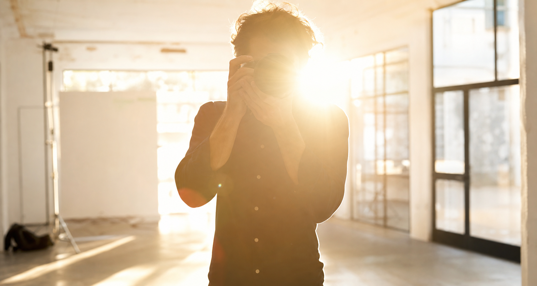 Photographe à contre-jour saisissant un halo de lumière surexposée en studio à Poitiers